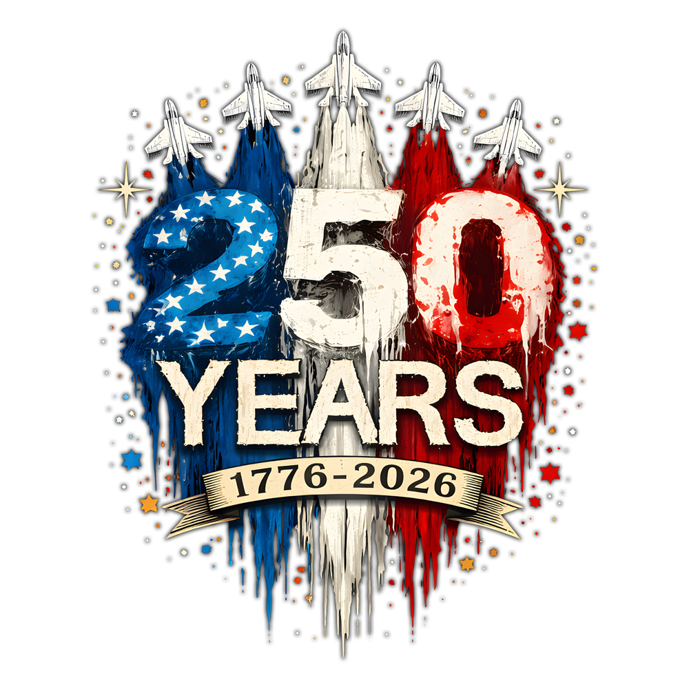250 years USA patriotic design 1776 2026 military jet American flag graphic