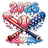 A festive 2026 patriotic baseball png featuring donut-style numbers, crossed flag bats, and colorful sprinkles