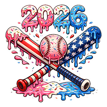 A festive 2026 patriotic baseball png featuring donut-style numbers, crossed flag bats, and colorful sprinkles