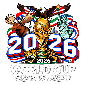 A highly detailed 2026 World Cup Canada USA Mexico PNG featuring the trophy, bald eagle, moose, jaguar, and Statue of Liberty