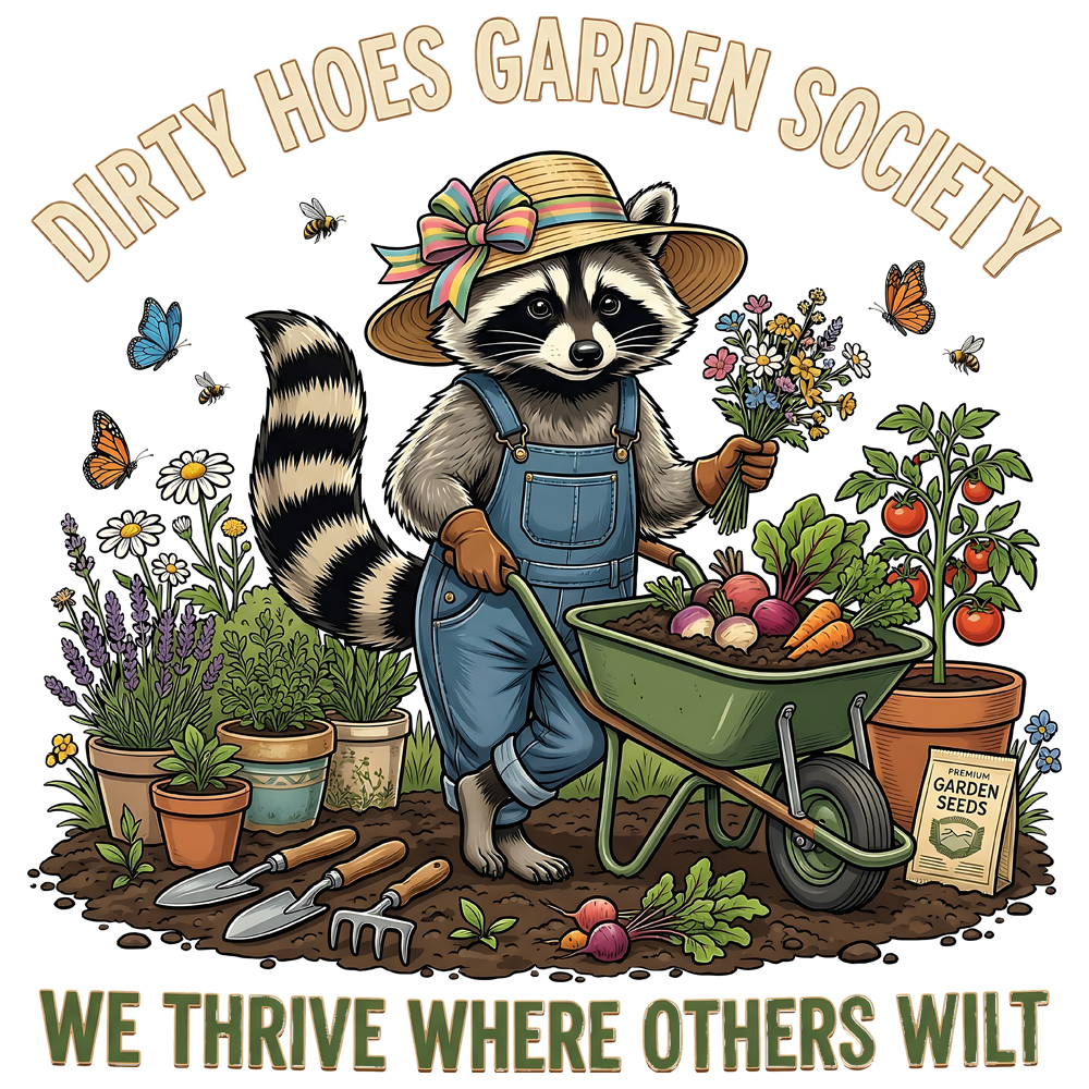 dirty hoes garden society png funny raccoon gardening aesthetic plant lover design