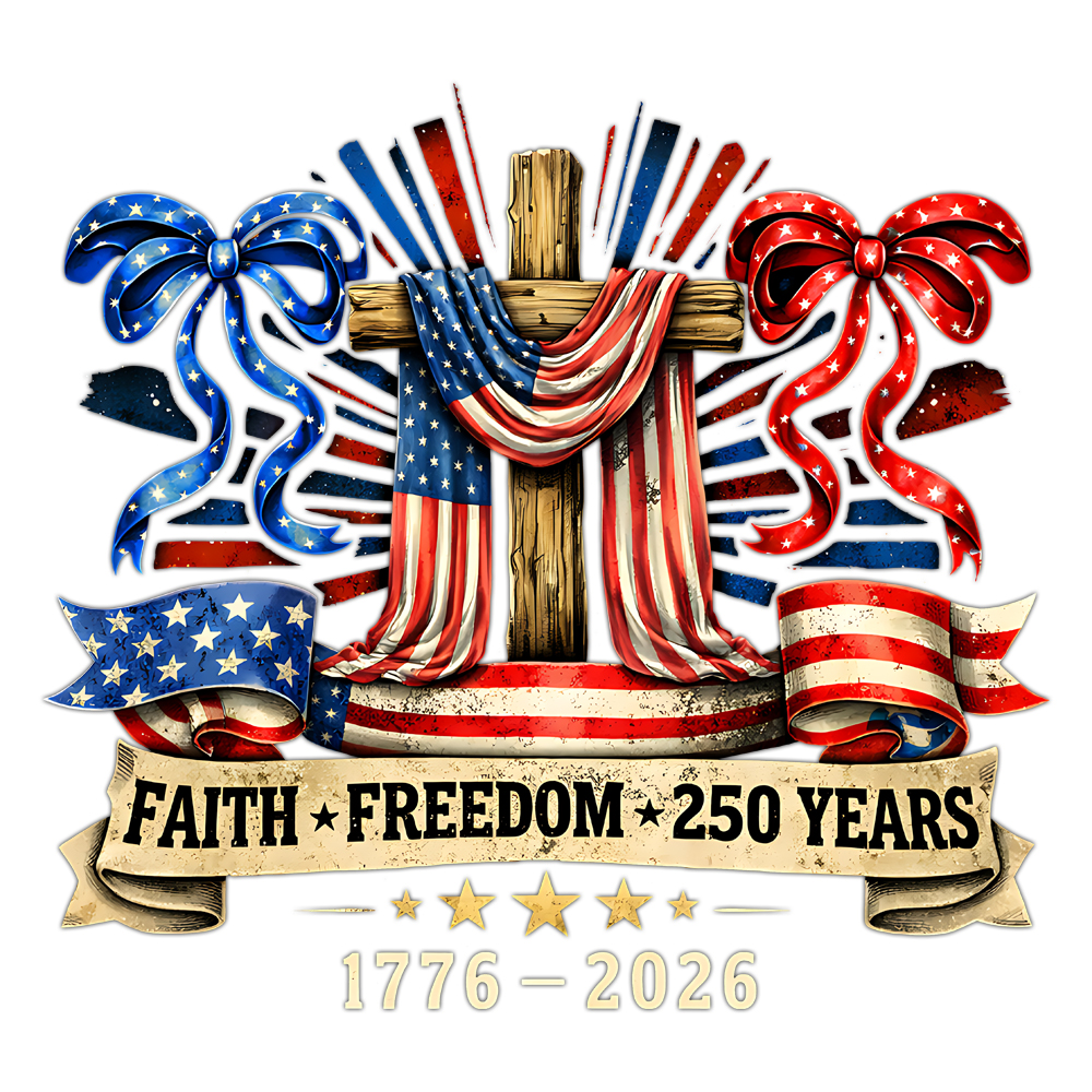faith freedom 250 years 1776 2026 png christian cross american flag patriotic design