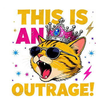 Epic This Is An Outrage Distressed PNG vintage grunge design featuring a screaming yellow tabby cat wearing a pink crown and sunglasses with retro stars, transparent background.