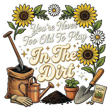youre never too old to play in the dirt png gardening quote sunflower design