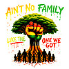 A vibrant urban illustration of a tree with a Pan-African colored fist trunk and family silhouettes featuring the aint no family roots png