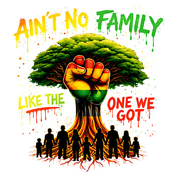A vibrant urban illustration of a tree with a Pan-African colored fist trunk and family silhouettes featuring the aint no family roots png