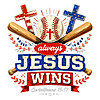 Distressed always jesus wins baseball png design with patriotic crosses, bats, and a central baseball for sports sublimation