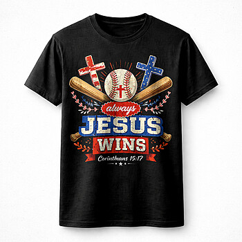 Alternative view of Always Jesus Wins Baseball PNG: Bold Patriotic Faith Art
