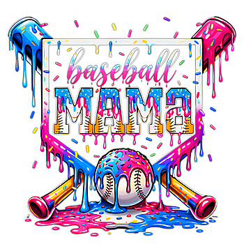 A vibrant and colorful baseball mama dripping png featuring pink and blue melting paint with sprinkles and crossed bats.