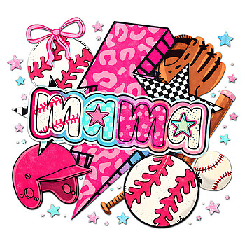 Ultimate Baseball Mama Lightning Bolt PNG featuring a pink leopard print, coquette bow, and sports collage for POD sellers