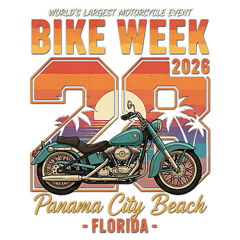 High-quality Bike Week 2026 Panama City Beach PNG featuring a retro sunset and classic motorcycle for POD apparel