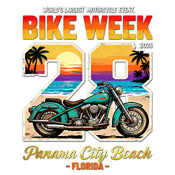 A high-quality Biker Bike Week 2026 PNG featuring a vintage motorcycle and a retro Florida beach sunset for POD