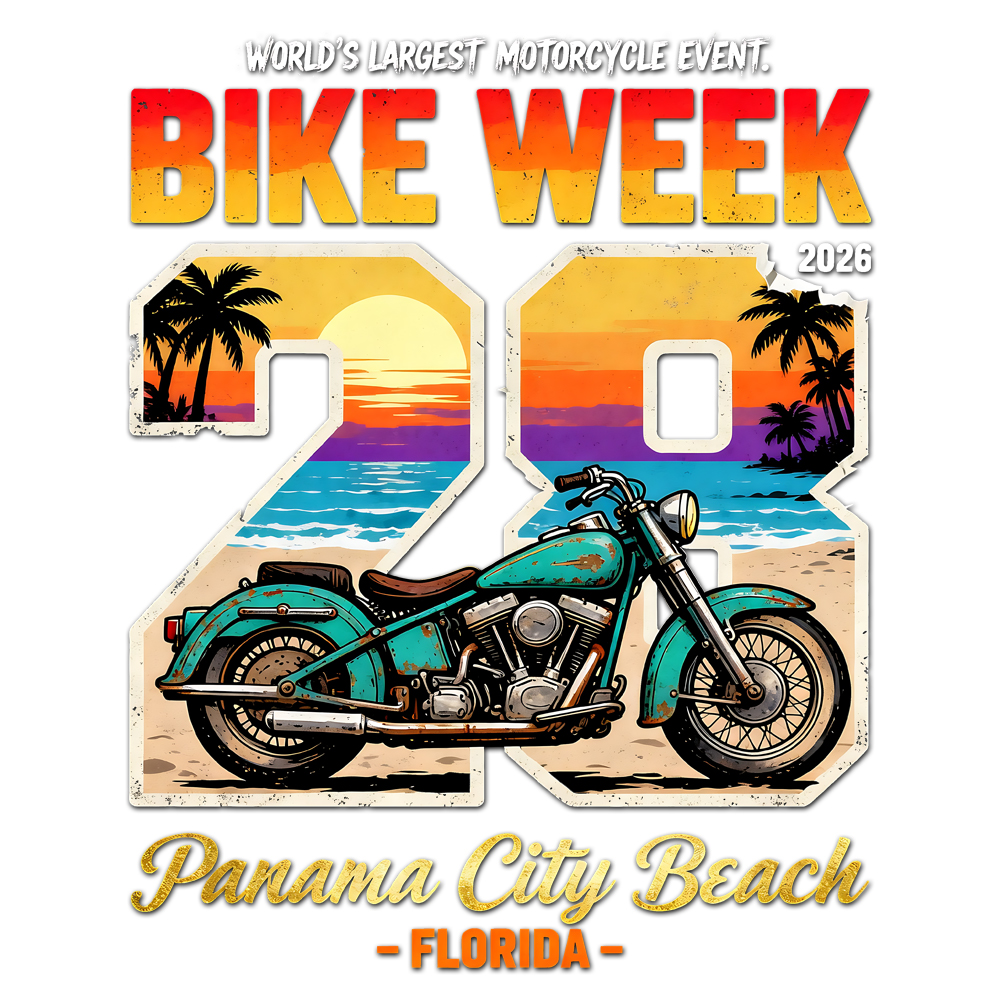 A high-quality Biker Bike Week 2026 PNG featuring a vintage motorcycle and a retro Florida beach sunset for POD