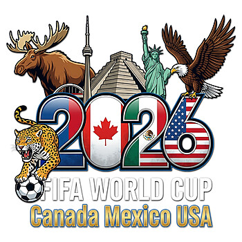 Discover the ultimate Canada Mexico USA 2026 Soccer PNG featuring iconic landmarks, animals, and flags for your next apparel project.