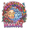 A 70s retro psychedelic illustration of an intertwined sun and moon face with flowers and the text celestial dreamer png