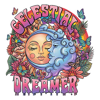 A 70s retro psychedelic illustration of an intertwined sun and moon face with flowers and the text celestial dreamer png