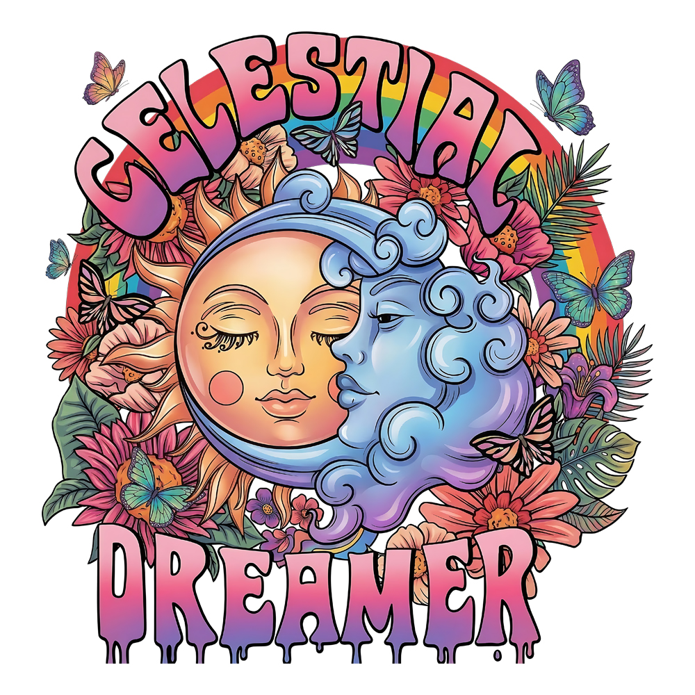 A 70s retro psychedelic illustration of an intertwined sun and moon face with flowers and the text celestial dreamer png