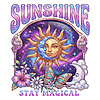 A vibrant celestial sunshine png featuring a mystical sun and moon fusion surrounded by butterflies and tropical flowers