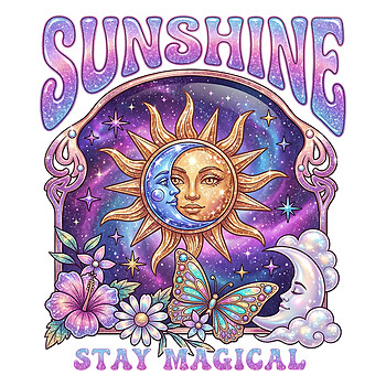 A vibrant celestial sunshine png featuring a mystical sun and moon fusion surrounded by butterflies and tropical flowers