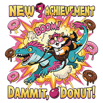 Epic Dammit Donut PNG comic book pop art design featuring a calico cat wearing a crown and sunglasses riding a blue feathered raptor with a boom explosion and floating donuts, transparent background.