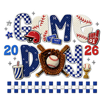 Epic Game Day 2026 Baseball PNG featuring faux chenille patch letters and varsity sports elements for POD sellers