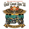 A vintage distressed biker illustration featuring a flaming skull, wings, and a teal chopper with the text gulf coast run 2026 png
