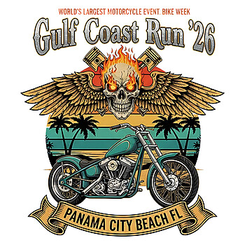 A vintage distressed biker illustration featuring a flaming skull, wings, and a teal chopper with the text gulf coast run 2026 png