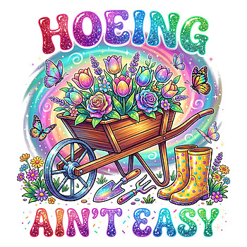 A vibrant retro glitter floral wheelbarrow with rain boots and the text hoeing aint easy png