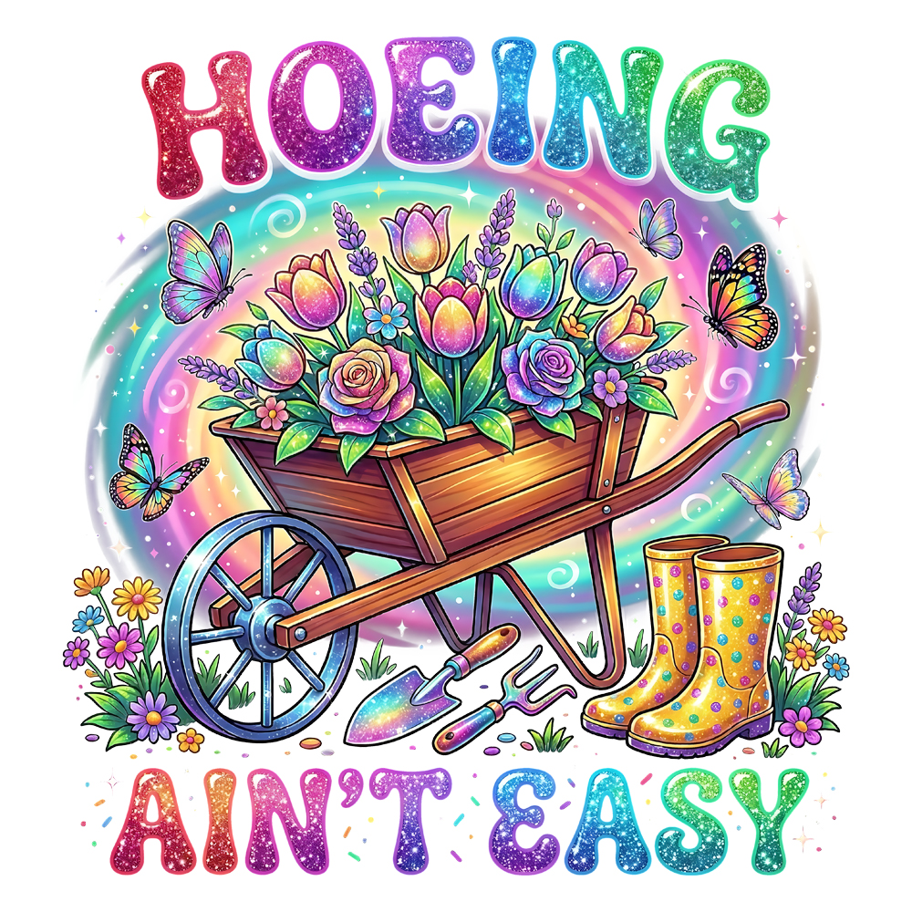 A vibrant retro glitter floral wheelbarrow with rain boots and the text hoeing aint easy png
