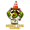 A high-quality Hoist The Cone Pirate Mascot PNG featuring a green parrot pirate mascot lifting a traffic cone