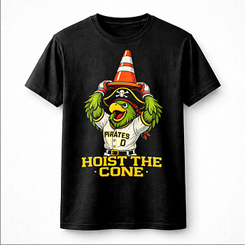 A high-quality Hoist The Cone Pirate Mascot PNG featuring a green parrot pirate mascot lifting a traffic cone