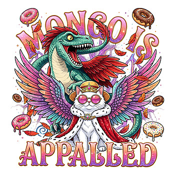 Epic Mongo Is Appalled PNG cosmic design featuring a winged white cat wearing a crown and cape in front of a shocked green velociraptor surrounded by floating donuts, transparent background.