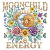 A vintage boho celestial illustration of a sun and moon face surrounded by flowers with the text moonchild energy png