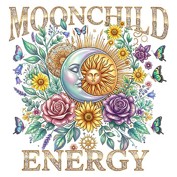 A vintage boho celestial illustration of a sun and moon face surrounded by flowers with the text moonchild energy png