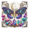 A vintage ornate illustration of a beautiful moth, glowing crystals, moon, and mushrooms featuring the mystical luna moth png