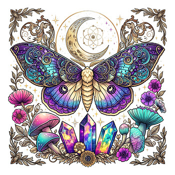 A vintage ornate illustration of a beautiful moth, glowing crystals, moon, and mushrooms featuring the mystical luna moth png