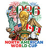 Grab this stunning North American World Cup 2026 PNG featuring national mascots, landmarks, and fireworks for your POD store