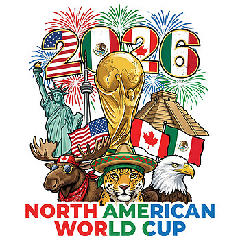 Grab this stunning North American World Cup 2026 PNG featuring national mascots, landmarks, and fireworks for your POD store