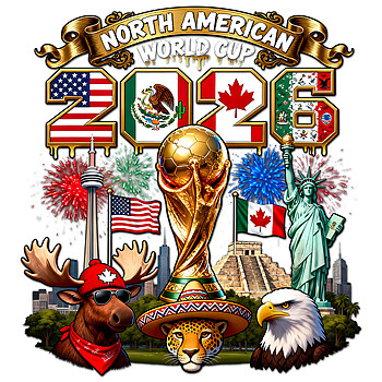 Highly detailed North American World Cup 2026 PNG design featuring USA, Mexico, and Canada landmarks for POD apparel