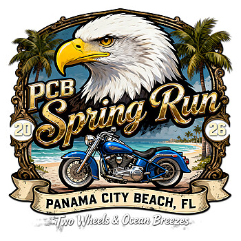 A high-quality PCB Spring Run 2026 Eagle PNG featuring a blue motorcycle on a beach with a bald eagle and palm trees