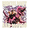 Princess Donut Grunge Rock PNG featuring a ginger cat wearing goggles riding a roaring pink feathered velociraptor through purple lightning, vintage heavy metal t-shirt design.