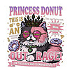 Epic Princess Donut Quotes PNG 90s bootleg graphic tee design featuring a fluffy cat wearing a gothic crown and melting pink sunglasses surrounded by vintage text, donuts, and a skull, transparent background.