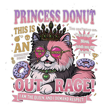 Epic Princess Donut Quotes PNG 90s bootleg graphic tee design featuring a fluffy cat wearing a gothic crown and melting pink sunglasses surrounded by vintage text, donuts, and a skull, transparent background.