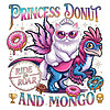 Epic Princess Donut Retro Neon PNG 80s fantasy design featuring a white fluffy cat wearing a tiara riding a blue feathered velociraptor surrounded by floating frosted donuts, transparent background.