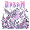A pastel colored illustration of a winged horse rearing against a moon and rainbow with dripping text featuring the retro dream pegasus png