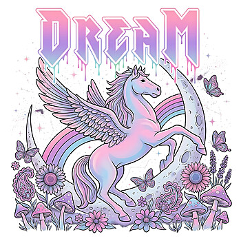 A pastel colored illustration of a winged horse rearing against a moon and rainbow with dripping text featuring the retro dream pegasus png