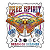 A colorful 70s psychedelic illustration featuring a large butterfly, peace sign, and moon phases with the text retro free spirit butterfly png
