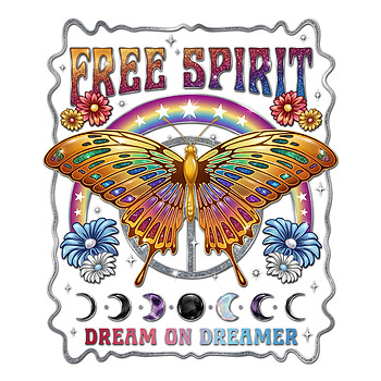 A colorful 70s psychedelic illustration featuring a large butterfly, peace sign, and moon phases with the text retro free spirit butterfly png