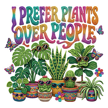 A vibrant retro plant lover png featuring various potted plants with sunglasses and colorful psychedelic typography