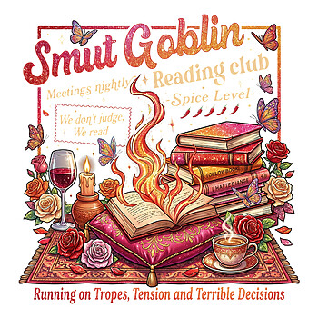 A vintage ornate illustration of magical flaming books, roses, and a wine glass with the text smut goblin reading club png